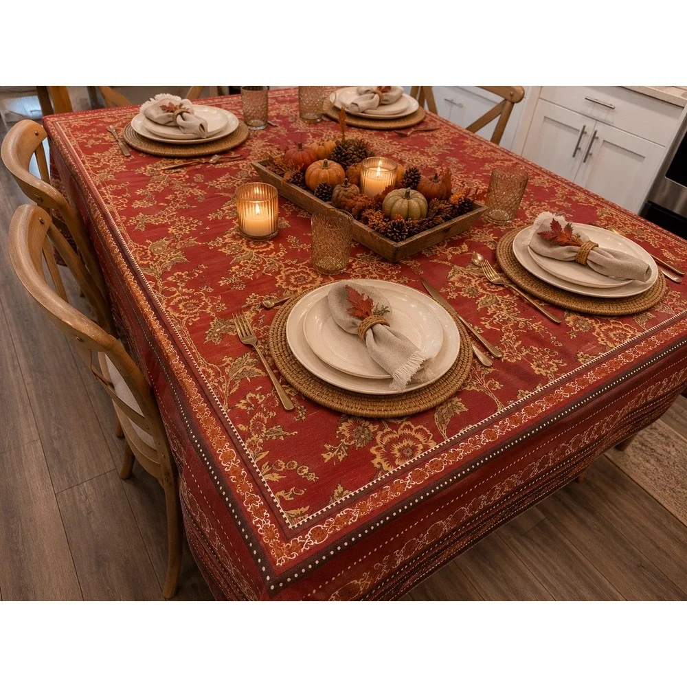 Red Floral Damask Rectangular Tablecloth French Provencal Farmhouse 60x84
